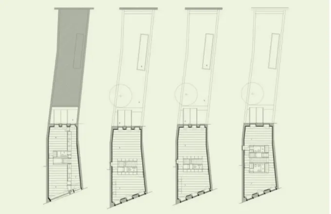 Fig. 18. Plantas da cave; rés-do-chão; piso 1, piso 2 e piso 3 – Casa das Janelas Verdes