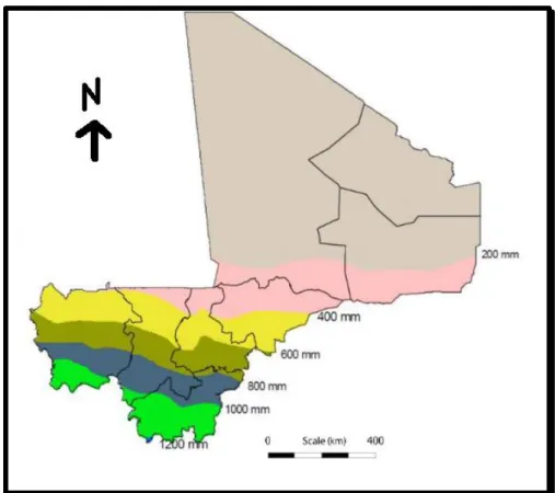 Figure 1-Average annual rainfall in Mali between 1971 and 2000 (Modified from Diallo et al., 2011)