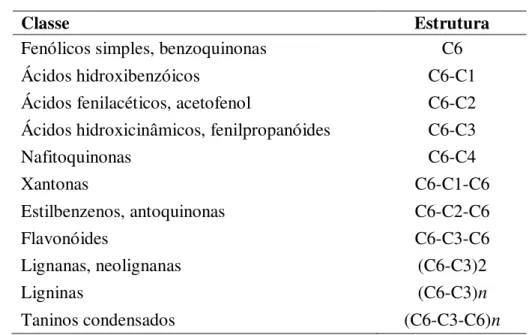 Tabela 1  – Classe dos compostos fenólicos em plantas 