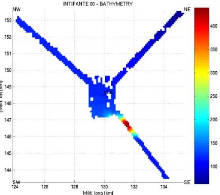 Figure 3.1: Site bathymetry along the acoustic transmission tracks (depth in m). VLA location is denoted by ?.