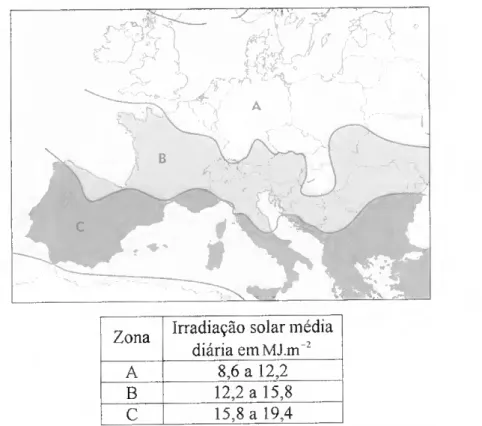 Figura 3.8- Carta da irradiação solar média diária da Europa (adaptado de ES1F,  1QQ81 