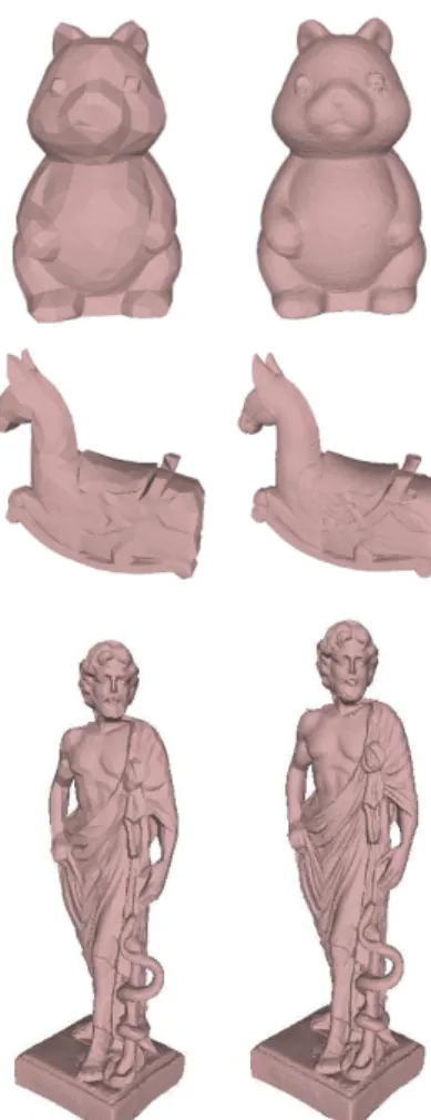 Figure 1: Examples of models: Squirrel (top), IsidoreHorse (middle) and GreekSculpture (bottom)