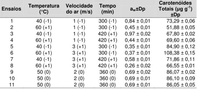 Tabela 5.2  –  Experimentos de secagem e resultados. 