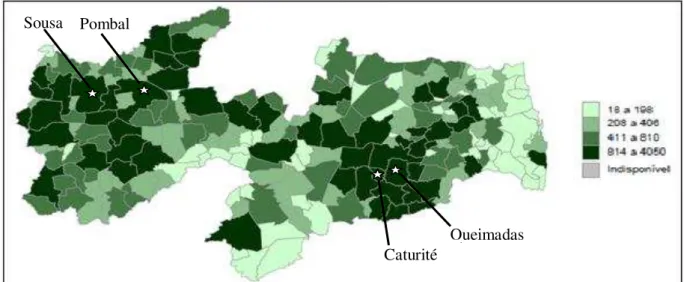 Figura 1. Quantidade produzida de  leite de  vaca  (mil  litros) em 2012  no Estado da Paraíba  (IBGE, 2012b)(*Os municípios em destaque são os maiores produtores de leite) 