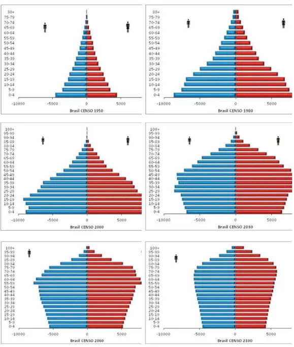 Gráfico  1:  Distribuição  por  sexo  e  idade  da  população  brasileira:  1950,1980,  2000,  2030, 2060 e 2100 