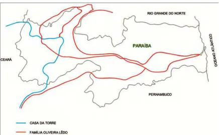 Figura 02: Mapa sobre as vias de penetração no sertão da Paraíba e seus limites territoriais