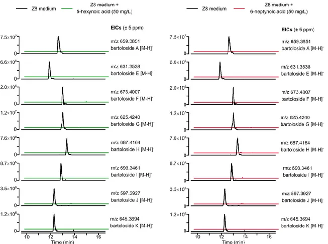 Figure 9. Depletion of bartolosides levels in S. salina LEGE 06099 supplemented with fatty acids