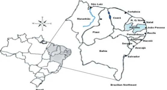 Figura 4: Mapa do Brasil mostrando a região Nordeste e o Estado da Paraíba.   