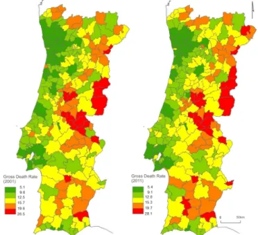 fig. 4 – Gross death rate in 2001 and 2011. Colour figure available online.