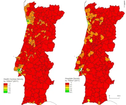 figure 2 shows that the asymmetries of health services distribution are clear, namely  the number of health centres available, and suggests that urban areas, mostly located in  metropolitan areas, such as Porto and Lisboa, are those with more services whic