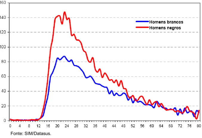 GRÁFICO 1: TAXA DE HOMICÍDIO POR 100 MIL ENTRE HOMENS BRANCOS E  NEGROS E A IDADE 