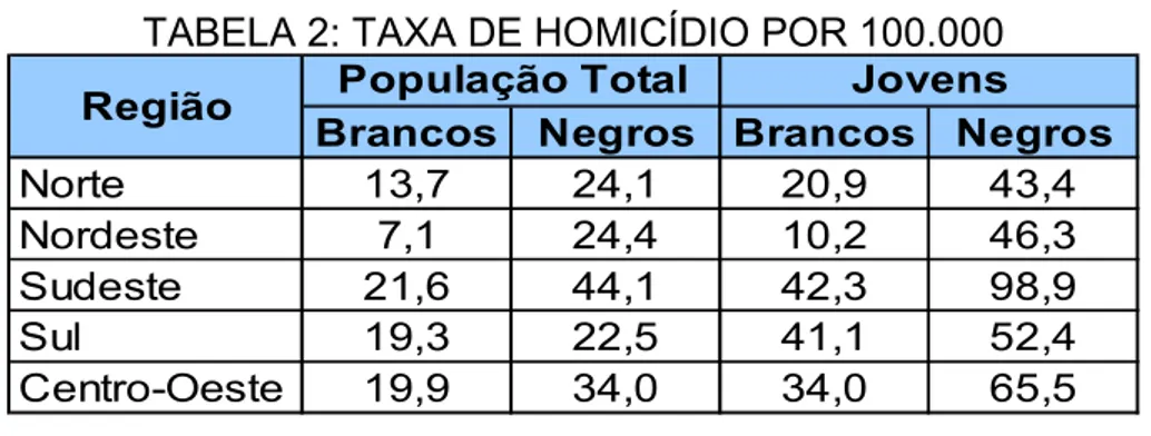 TABELA 2: TAXA DE HOMICÍDIO POR 100.000  Brancos Negros Brancos Negros