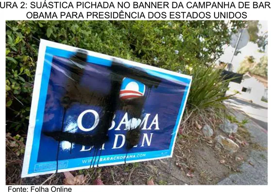 FIGURA 2: SUÁSTICA PICHADA NO BANNER DA CAMPANHA DE BARACK  OBAMA PARA PRESIDÊNCIA DOS ESTADOS UNIDOS 