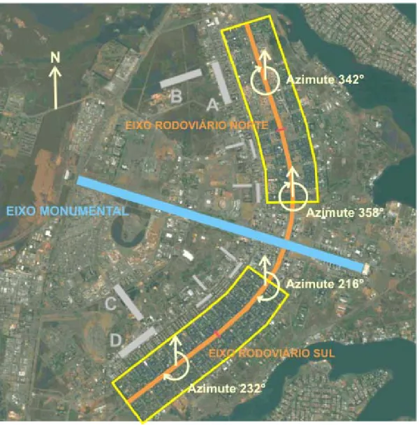 Figura 4.1: Imagem de satélite do Plano Piloto com a indicação das áreas das superquadras  (amarelo) e as orientações dos edifícios (cinza) nas Asas Norte e Sul