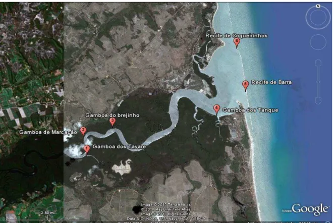 Figura 2 - Localização dos pontos amostrais, sobre mapa extraído do  Googlewearth acessado dia 09/04/2010 