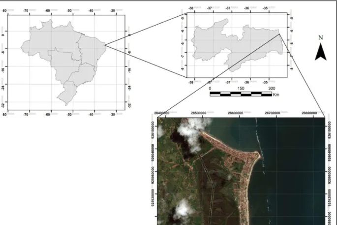 Figura  2  -  Mapa  de  localização  do  Município  da  Baía  da  Traição,  no  Brasil  e  na  Paraíba  destacando a visão aérea (foto) das formações recifais próximas da praia