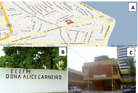 Figura 01- (A) Localização da EEEFM Dona Alice Carneiro, (B) Fachada externa da escola, (C)  Área interna da escola, município de João Pessoa - PB 