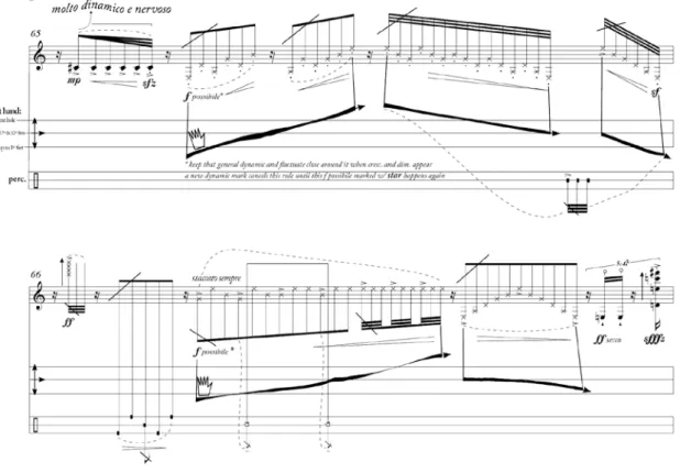 Fig. 11: Três pautas independentes na seção B: a de cima serve para a notação nota/ritmo tradicional e para a  indicação de ritmo e corda a ser pinçada; a do meio indica a movimentação que deve ser feita pela mão  esquer-da sobre o braço do instrumento (ge