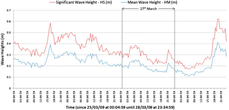 Fig. 4 Graphical representation of significant wave height — HS (m) and mean wave height — HM (m) during the campaign obtained from the Infinity PT data (11.7 m below MSL)