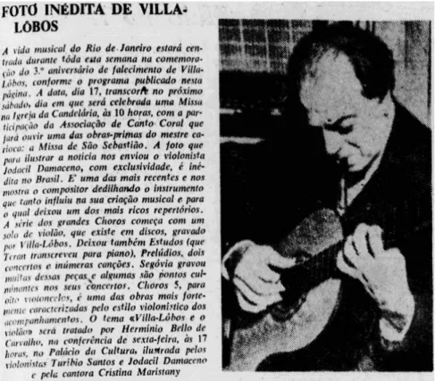 Fig. 9: Chamada para o recital-conferência realizado no Palácio da Cultura, dentro da programação do Festival Villa-Lobos de  1962, com a estreia da versão para canto e violão de “Canção do Poeta do Século XVIII”.