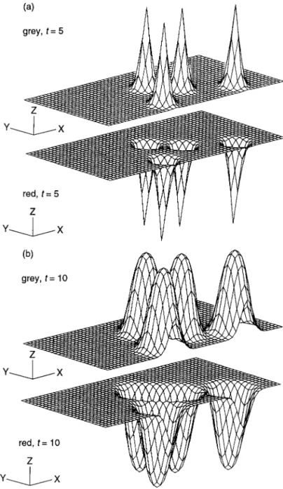 Figure 1.5a,b. Two-dimensional numerical solution of the nondimensionalised model equations (1.18) on a 4.9 × 2.4 rectangle with zero flux boundary conditions