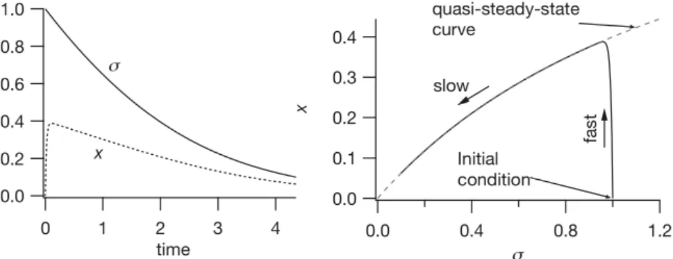 Figure 1.14 The solution to the quasi-steady-state approximation, plotted as functions of time (left panel) and in the phase plane (right panel)