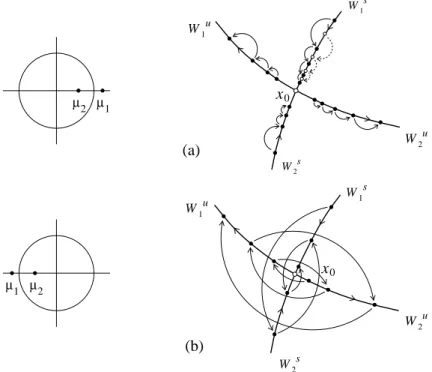 FIGURE 2.8. Invariant manifolds of saddle ﬁxed points on the plane: (a) positive multipliers; (b) negative multipliers.