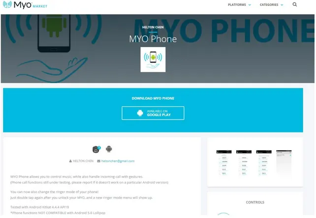 Figura 15 – Área de download do aplicativo Myo Armband Phone criado por  Helton Chen (2014-2017)