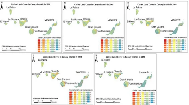 Figure 3. Land use in Canary Islands according to CORINE land-cover nomenclature for level 3 in  1990, 2000, 2006, 2012, and 2018