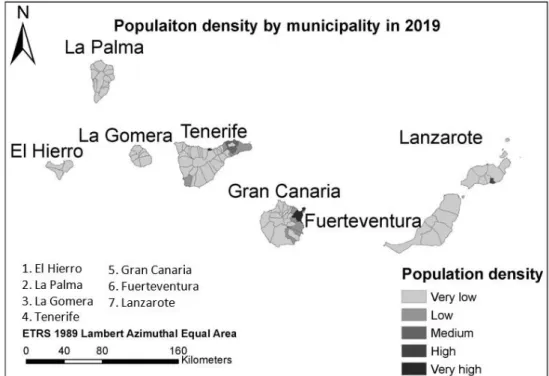 Figure 4. Population density map by municipalities of the Canary Islands (Source: [36])