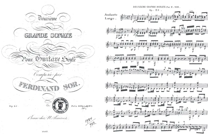 Fig. 8. Capa e 1ª página da Grand Sonata op. 25, de Fernando Sor, peça tocada por Paquita Baylina em concurso instrumental  realizado em Porto Alegre no ano de 1914