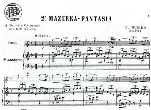 Fig. 14. Compassos iniciais da 2ª Mazurca-Fantasia, de Carlo Munier, peça tocada por Maria Baylina (bandolim) e Paquita Baylina  (piano) no sarau musical realizado em 17 de janeiro de 1915 no Club Caixeiral