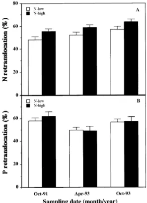 Figure 6. Effect of fertilization on retranslocation (%) of N (A) and P (B) on three sampling dates