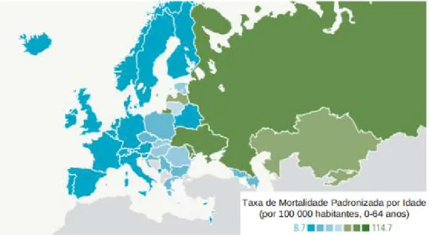 Figura 2.1 – Taxa de mortalidade prematura por DCI na região Europeia, últimos dados  reportados (2006-2010)