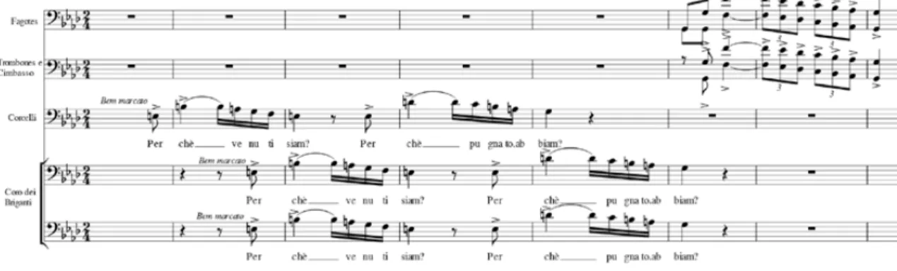 Fig. 9: Vozes masculinas graves em textura imitativa. Trompetes, trombones e fagotes finalizam com a reprodução do mesmo  motivo variado.