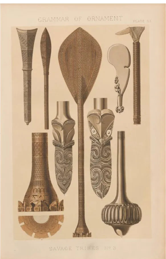Fig. 3 - Ornements des tribus sauvages, planche 2, chromolithographie, 555x357 mm, dans Owen Jones, The Grammar of Ornament, Lon- Lon-dres: Day and Son, 1856.
