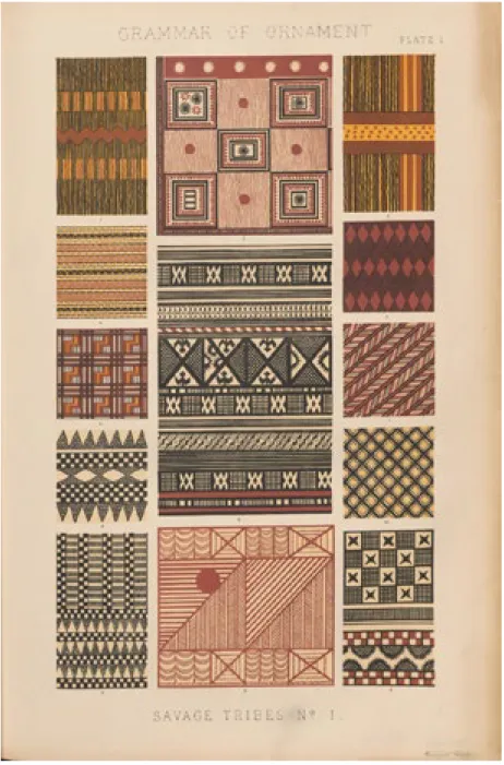 Fig. 1 - Ornements des tribus sauvages, planche 1, chromolithographie, 555x357 mm, dans Owen Jones, The Grammar of Ornament, Lon- Lon-dres: Day and Son, 1856
