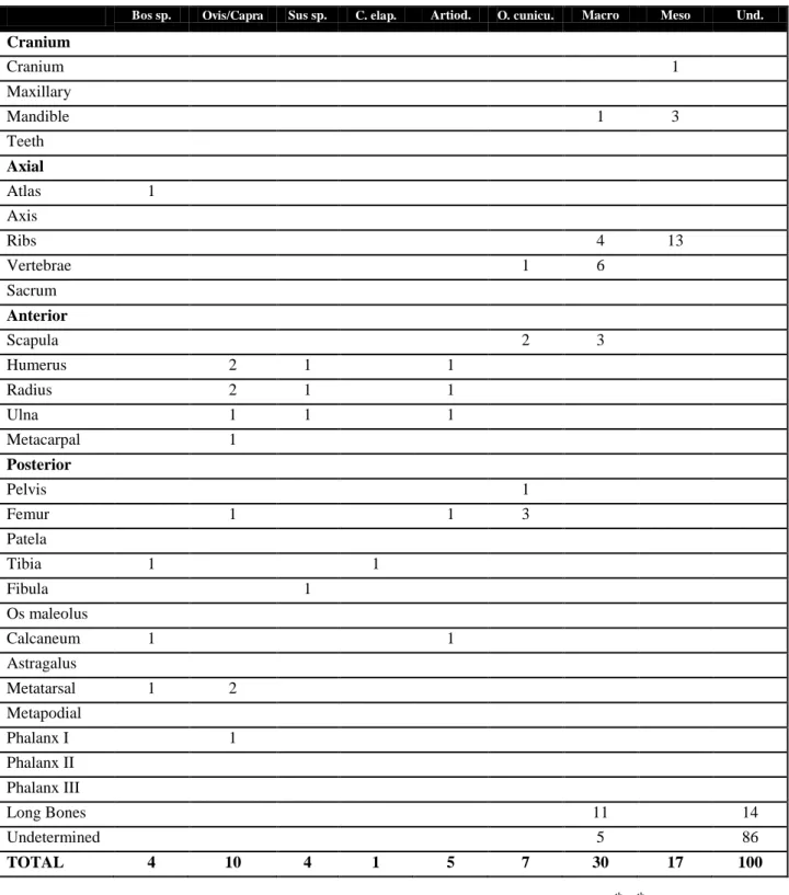 Table 3. Number of indentified specimens by parts of the skeleton in the Late antiquity - 6 th -7 th  century from the  Conimbriga Amphitheatre