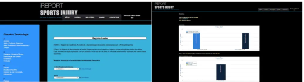 Figure 3 - iReport SportsInjuries Web Application’ screens: (left) Injury Registration; 
