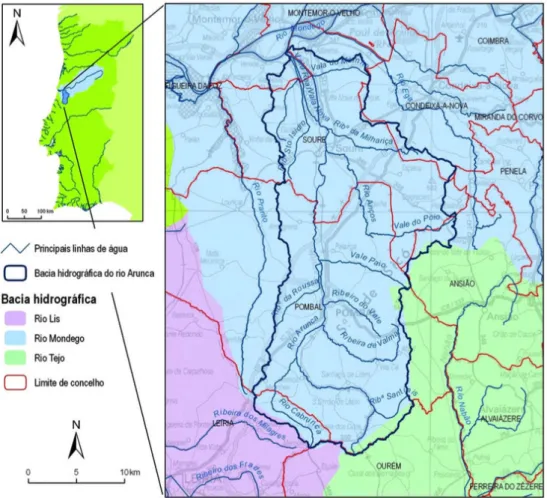 Figura 10. Enquadramento geográfico da bacia hidrográfica do rio Arunca (Fonte: Adaptado de APA (2008), IGP  (2005) e IGP (2008); Santos, 2009)