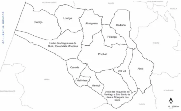 Figura 11.  Enquadramento geográfico do distrito de Leiria em Portugal  e do concelho de Pombal no distrito de  Leiria (Fonte: DFR Informática)