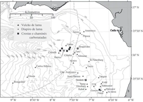 Figura 1 – Estruturas de escape de fluidos ricos em hidrocarbonetos descobertas no Golfo de Cádiz