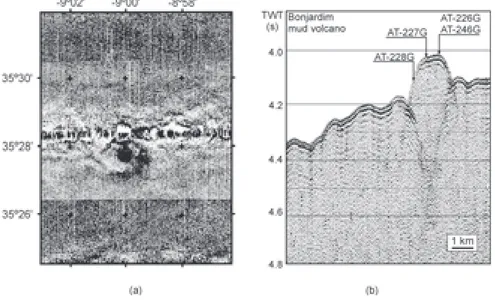 Figura 2 – Vulcão de lama Bonjardim (localização na figura 1). (a) Imagem em sonar de varrimento lateral (mosaico do NRL); (b) perfil de sísmica monocanal.