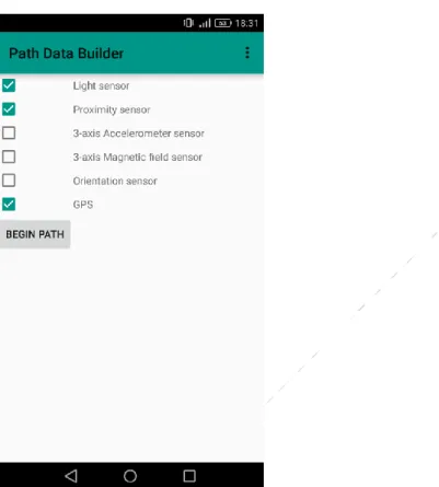 Figure 4.7: First screen in Android application, where user can select sensors to use 