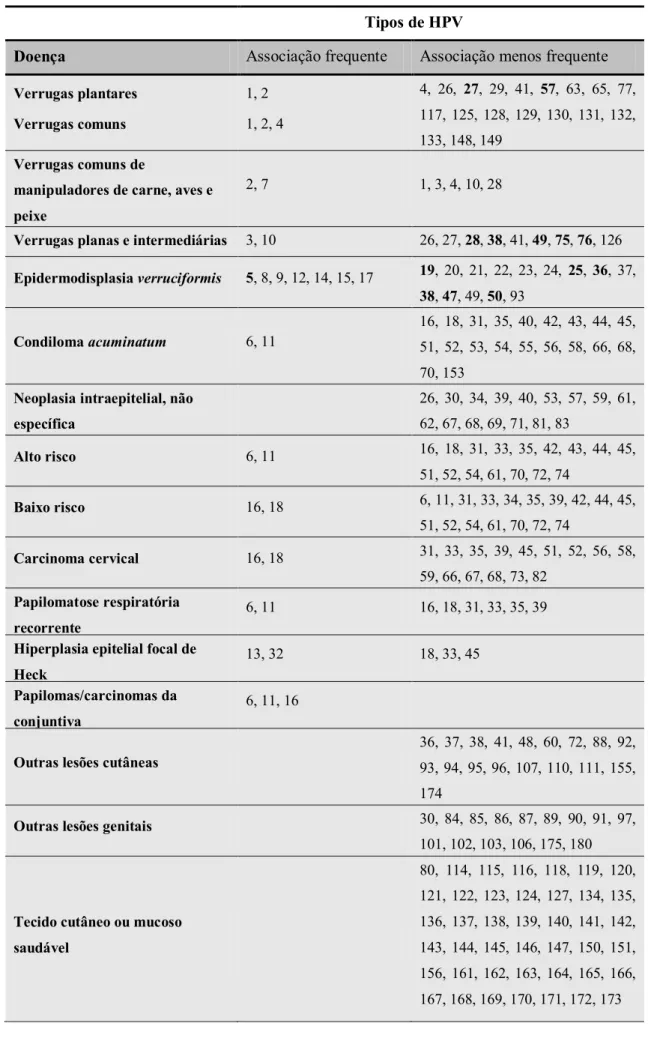Tabela I - Tipos de papilomavírus e associação às doenças respetivas. Adaptado de Bonnez (2015)