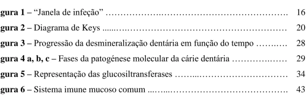 Figura 1 –  “Janela de infeção” ……………….…………………………………….   16  Figura 2 – Diagrama de Keys  ......….………………………………………………   20  Figura 3  – Progressão da desmineralização dentária em função do tempo …….… 