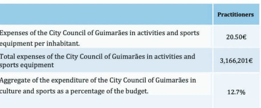 Table 1: Expenditure on Sport of the City Council of Guimarães 2016.  Source: INE (2017).