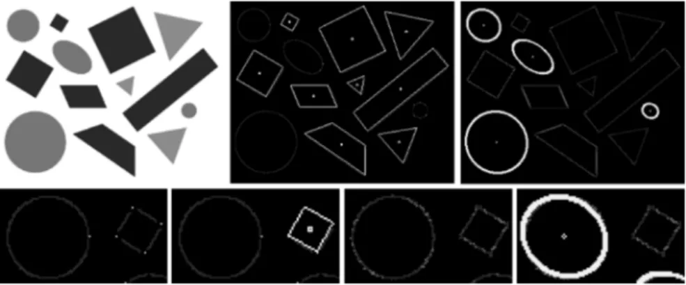 Fig. 8. Top row, from left: artificial test image with different shapes, rotations and sizes, and detected shapes