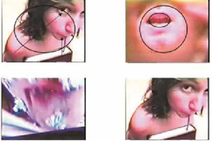 Fig. 4 - Frames do Vídeo Entre (1999) de Nina Galanternick. 06’. Colorido. Estudo da fusão entre corpo e vídeo e tradução do dispositivo  videográfico em dispositivo performático