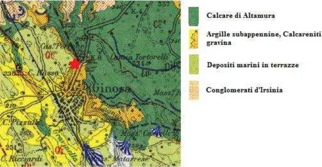 Fig. 3 Geological Map of Ginosa area and in red the Oscorusciuto rockshelter. (Modified CARTA GEOLOGICA  D'ITALIA ALLA SCALA 1 100.000 FOGLIO 201 MATERA) 